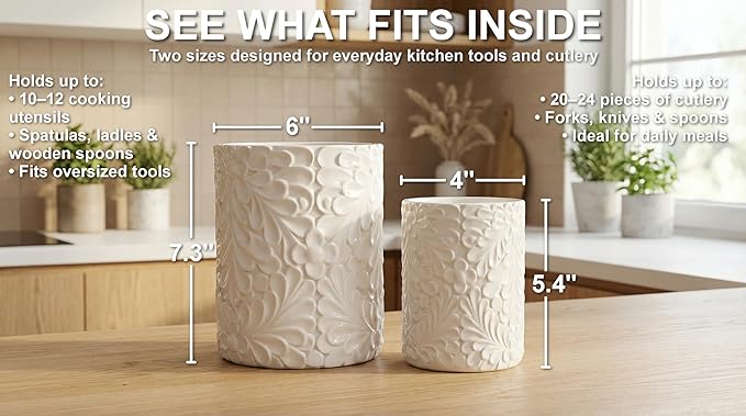 25DOL Large 7.3"+5.4" Engraved Ceramic Utensil Holder for Countertop, Cooking Utensils Organizer for Spatula, Large Utensils Crock for Kitchen Counter, Kitchen Decor, set of 2, White