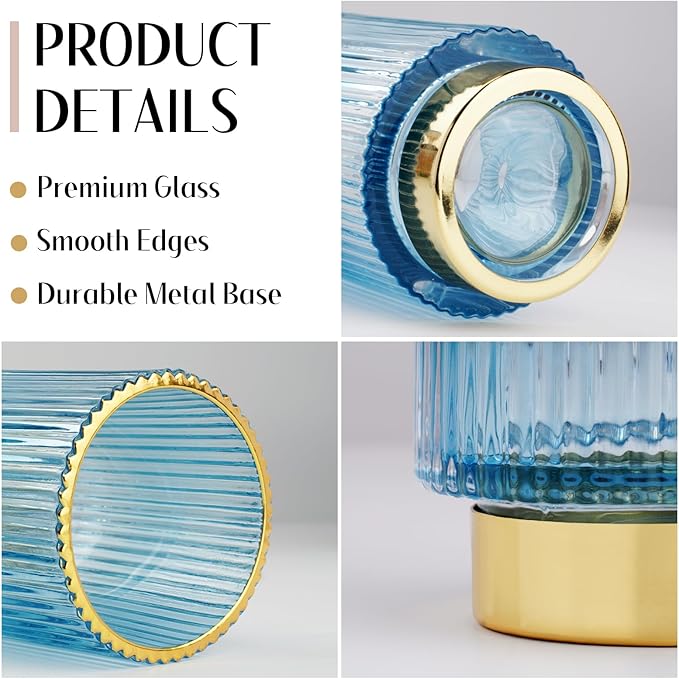 Makeup Brush holder Organizer, Crystal Glass Toothbrush Holders, Striped Make Up Brush Holder for Vanity, Pen Holder for Desk, Vase -Blue (S+L)