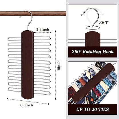 2 Pack Tie Rack for Closet, Premium Wooden Necktie Organizer Storage Tie/Belt Hanger, 360 Degree Swivel Space Saving Ties Holder for Men Hanging 40 Ties, Scarves Red