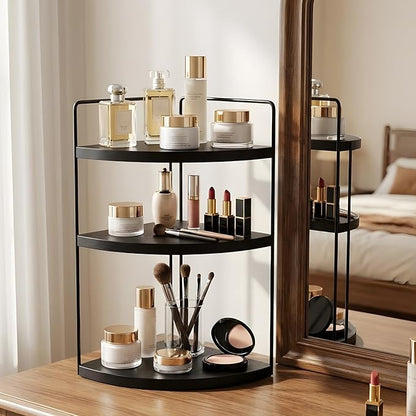 Corner Bathroom Counter Organizer Countertop Black, 2 Pack 3 Tier Corner Shelf Wood Vanity Tray Easy Assembly Space Saving Shelf for Kitchen, Bathroom, Dresser, Makeup, Office