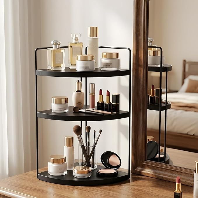 Corner Bathroom Counter Organizer Countertop Black, 3-Tier Corner Shelf Wood Vanity Tray Easy Assembly Space Saving Shelf for Kitchen, Bathroom, Dresser, Makeup, Office