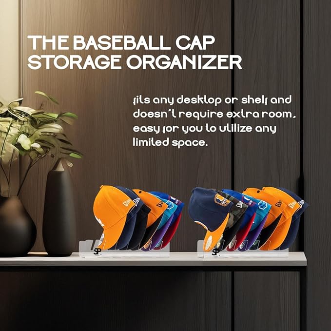 2-Pack No-Install Hat Stand Organizer for Baseball Caps – Clear Acrylic Cap Holder Rack Display, Stores 14 Hats, Space-Saving Baseball Cap Organizer for Closet or Shelf