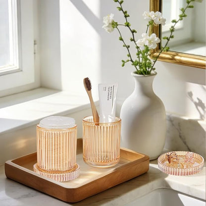 SheeChung Glass Qtip Holder Dispenser, 4-Pack Glass Apothecary Jars - Vintage Sunburst Bathroom Organizer Set - Cotton Swab Ball Pad Storage - Bathroom Accessories Decor（Amber）