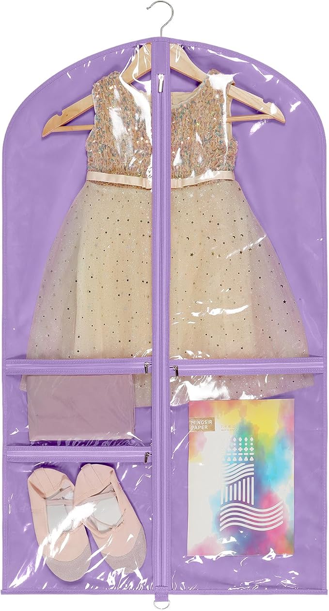 Univivi Dance Costume Bags Garment Bag 40 Inch Hanging Clothes for Dance Competitions, with 3 Medium Clear Zipper Pockets for Dance Costumes, Closet Storage (Purple)