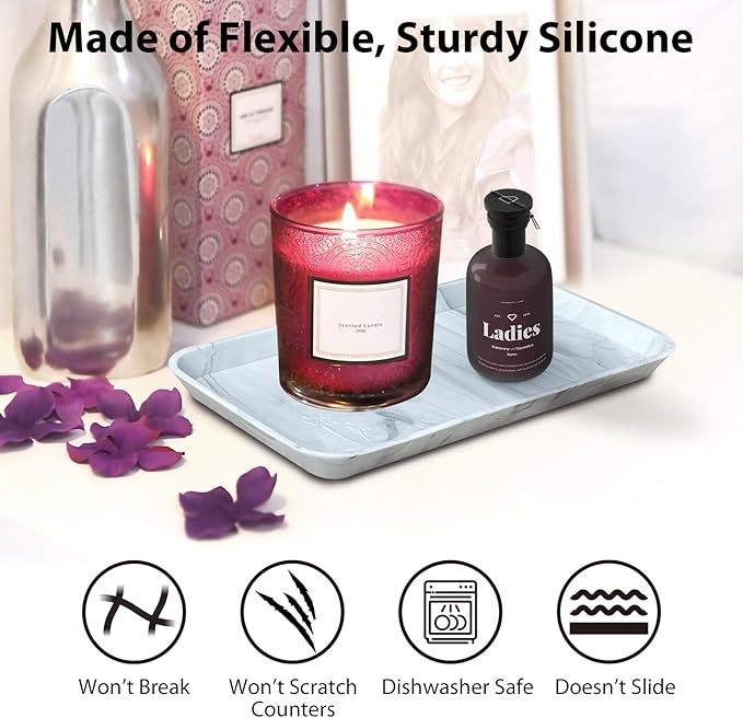 Countertop Vanity Tray, Bathroom Silicone Shatterproof Tray, Soap and Sponge Holder for Kitchen Sink Toilet Tank Tray, Bathroom Trays for Counter, Perfume Candle Key Valet - Marble