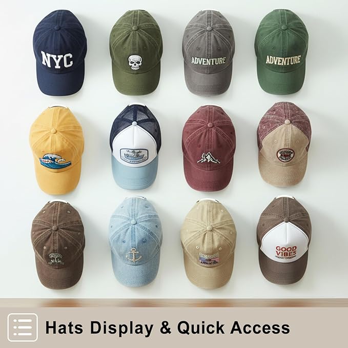 Adhesive Hat Hooks for Wall (12-Pack), No-Drilling Hat Hanger for Wall Baseball Cap Rack Organizer, Hats Holder on Closet Door Storage & Display