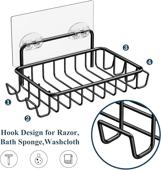 Nieifi Soap Dish,Bar Soap Holder for Shower Wall with 4 Hooks Stainless Steel Adhesive Soap Dish for Bathroom Shower Razor Holder (Black)