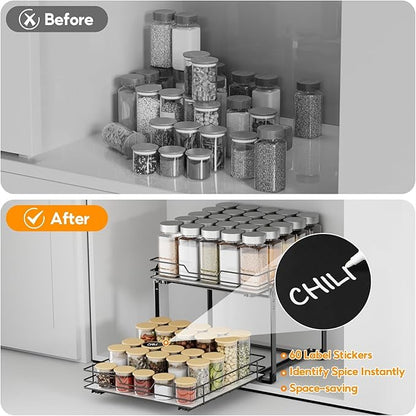 Pull Out Spice Rack Organizer for Cabinet, 2 Tier Spice Rack Organizer for Cabinet, Heavy Duty Slide Out Seasoning Kitchen Organizer, Hold 60 Spice Jar with Labels, 13.58''Wx10.5''Dx9.5''H, Black