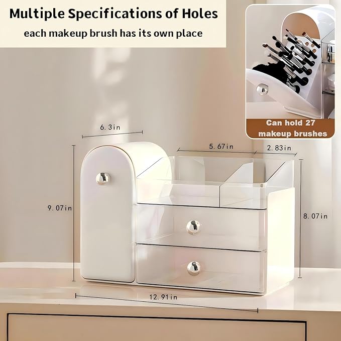 Makeup Organizer for Vanity with Covered Brush Holder，Bathroom Organizers with Drawer，Skin Care Organizer，Makeup Organizers for Vanity with Drawer，Large Makeup Storage for Dresser, White