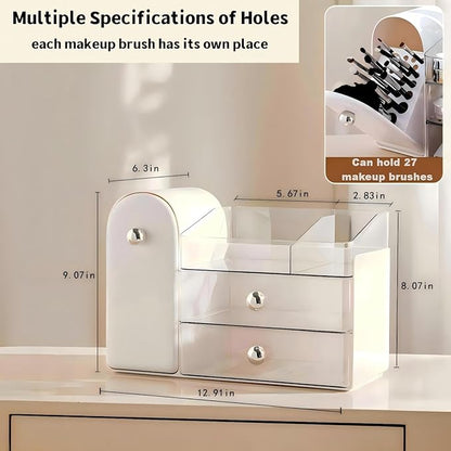 Makeup Organizer for Vanity with Covered Brush Holder，Bathroom Organizers with Drawer，Skin Care Organizer，Makeup Organizers for Vanity with Drawer，Large Makeup Storage for Dresser, White