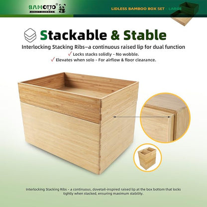 BAMOTTO CRAFTBAMBOO 2-Piece Large Bamboo Storage Box Set - 7.1in High Stackable Deep-Drawer Organizer, Lidless Bin for Kitchen Cutlery Utensils, Home & Office (14.6"x10.2"x7.1"+14.6"x10.2"x3.1")