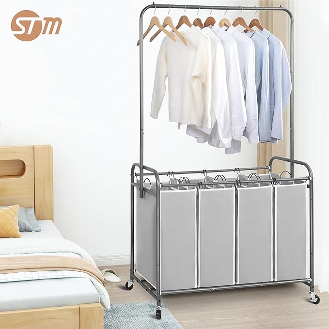 STORAGE MANIAC Laundry Sorter with Hanging Bar, Portable, Removable Laundry Hamper Cart with Heavy Duty Rolling Lockable Wheels and Removable Bags, Rolling Laundry Basket Organizer 181L, 4 Section