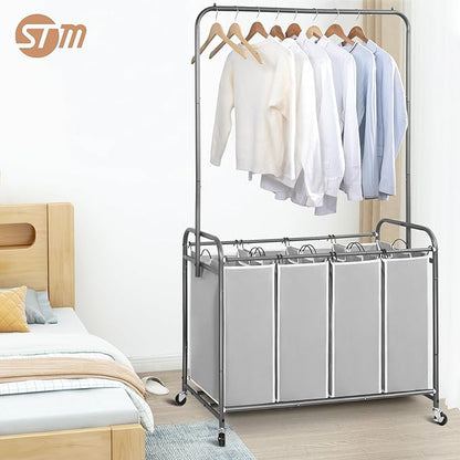 STORAGE MANIAC Laundry Sorter with Hanging Bar, Portable, Removable Laundry Hamper Cart with Heavy Duty Rolling Lockable Wheels and Removable Bags, Rolling Laundry Basket Organizer 181L, 4 Section