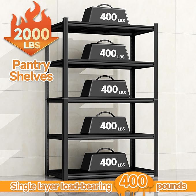 35.5" W Utility Kitchen Shelves, 5 Tier Shelf Organizer, 2000LBS Heavy Duty Storage Shelves, Adjustable Metal Shelving Unit for Pantry, Industrial, Basement, Bathroom and Closet, Black