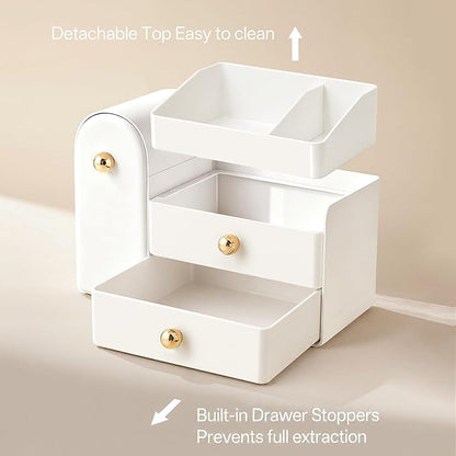 HBlife Makeup Organizer Countertop with Drawers, Vanity Organizers with Brush Holder, Bathroom Counter Organizer for Perfume, Nail Polishes, Lipsticks, Skincare and Eyeshadow Palettes, All White