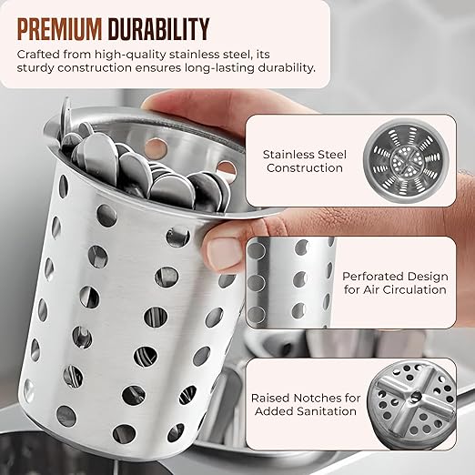 OCS Parts Stainless Steel Utensil Drying Cups | Stainless Steel | Set of 3 | Perforated Kitchen Flatware and Silverware Holder