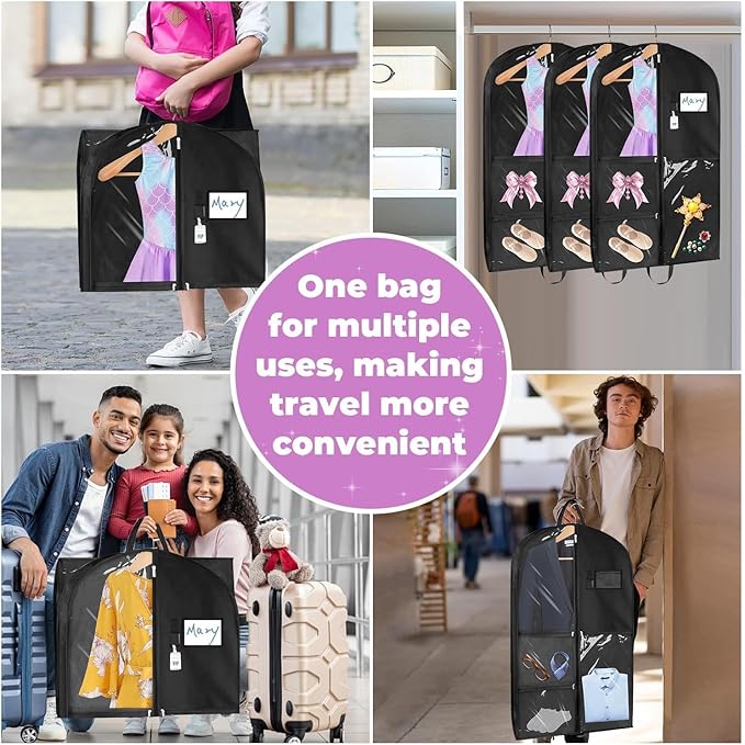Sishynio Garment Bags for Dance Costumes 3 Pack, 43 Inch Black Kids Garment Bag with 5 Pockets, Waterproof Hanging Clothes Bag for Dance Competitions Cheer Uniform Suit Travel