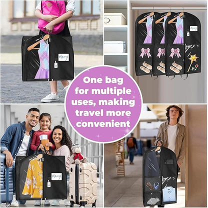 Sishynio Garment Bags for Dance Costumes 3 Pack, 43 Inch Black Kids Garment Bag with 5 Pockets, Waterproof Hanging Clothes Bag for Dance Competitions Cheer Uniform Suit Travel