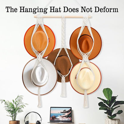 Macrame Hat Hangers 5 Hats Can Be Hung Bohemian Hat Holder Hat Organizer 100% Natural Cotton Can Be Used For Cowboy Hats, Wide-Brimmed Hats, Etc Room Decoration Gifts