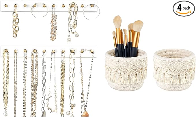 Mkono Set of 4, Necklace Holder Wall Mounted and Makeup Brush Holder Organizer Mini Woven Baskets