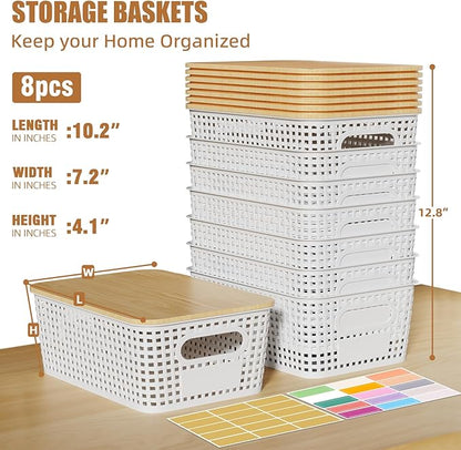 8 Pcs Plastic Storage Bins with Bamboo Lids and Labels 5.29qt Stackable Box Basket Pantry Decorative Containers, Small Storage Baskets for Desktop Shelves Drawers Closets Office Cabinets 10*7.2*4.1"