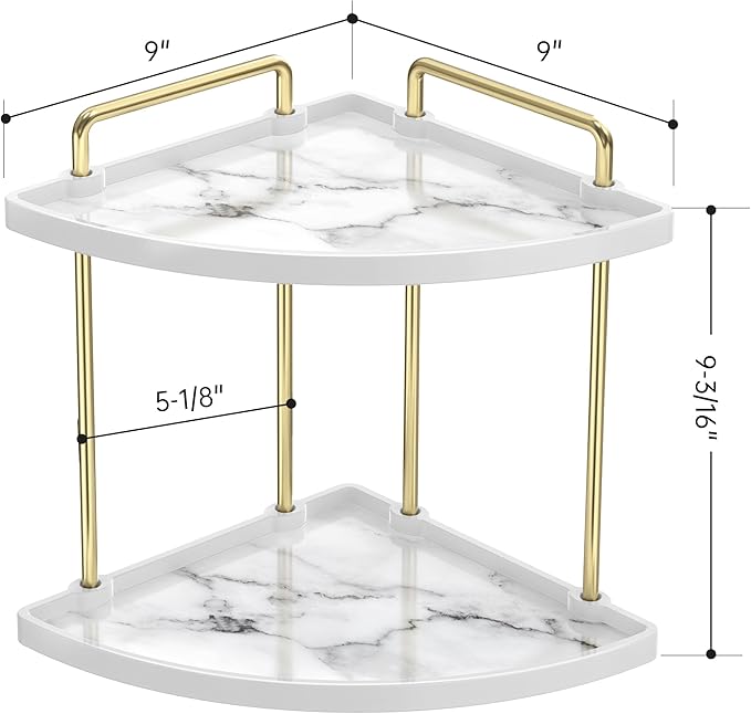 KES Marble Pattern Bathroom Corner Countertop Organizer, 2-Tier Ceramic Corner Counter Shelf, Vanity Skincare Perfume Organizer and Makeup Storage Tray Shelf, Polished Gold, BSC901B-PG