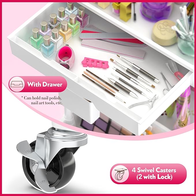 SUNALLY Makeup Cart Organizer with Drawers, Floor Skincare Organizers Vanity Storage Organizer, Rolling Makeup Bathroom Storage Cart Cosmetics Display Cases for Skin Care Perfume Nail Polish, White