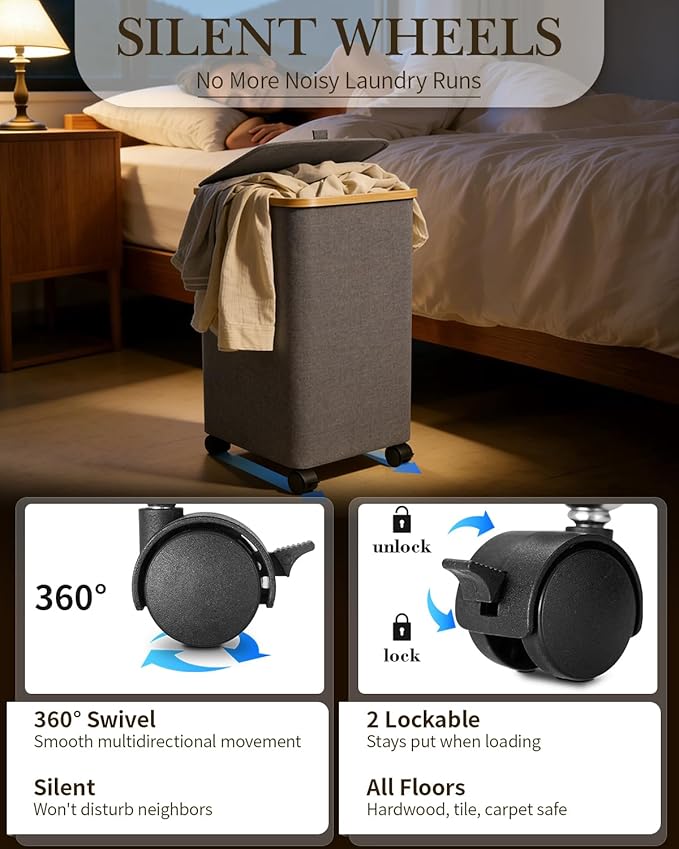 Laundry Hamper with Wheels, 75L Large Clothes Hamper with Removable Inner Bag, Collapsible Dirty Clothes Basket for Dorm, Rolling Dirty Clothes Basket for, Bedroom, Bathroom, Laundry Room