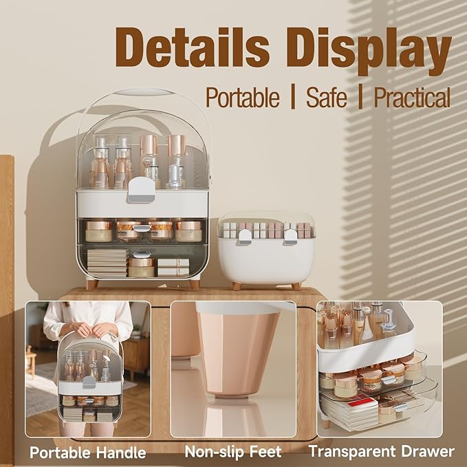 Makeup Organizer for Vanity with perfume Storage Box, Countertop Skincare Organizer with 2 Drawers, Cosmetic Display Case for Perfumes, Eyeshadow Palettes, Nail Polishes, Silver