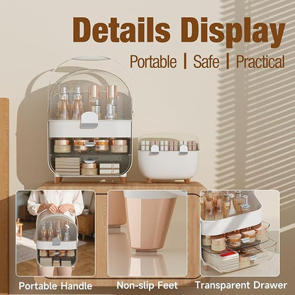 Makeup Organizer for Vanity with perfume Storage Box, Countertop Skincare Organizer with 2 Drawers, Cosmetic Display Case for Perfumes, Eyeshadow Palettes, Nail Polishes, Silver