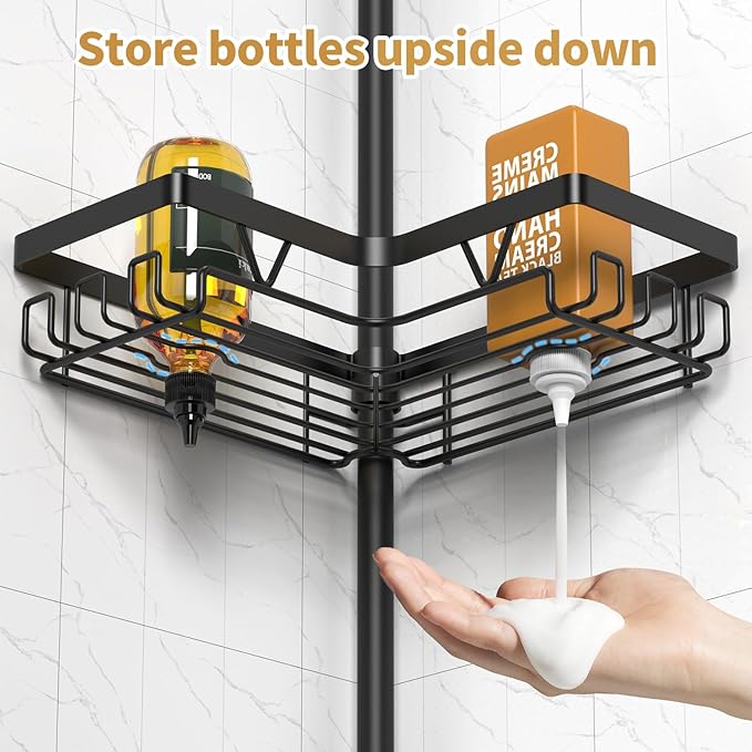 DAOYA Shower Caddy Tension Pole, 4 Adjustable Corner Shower Caddy with 2 Towel Bars & 2 Soap Holders, Expands 25 to 114.2 Inches, Black Stainless Steel for bathroom/Tub/Corner