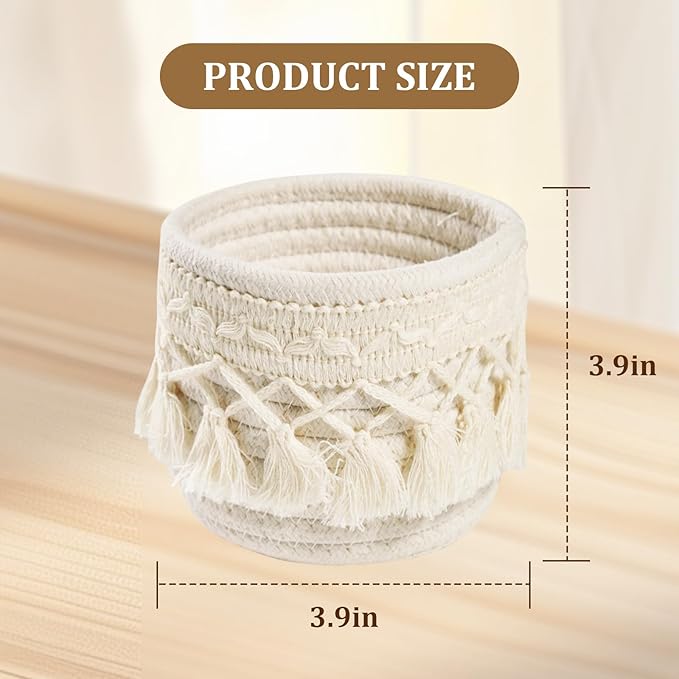 HEAVYWOOD Macrame Makeup Brush Holder Organizer 3.9x3.9 Mini Makeup Containers Boho Small Round Storage Basket Tassels Fringe Decorative Pencil Holder Set of 2 (Cream, 3.9x3.9)