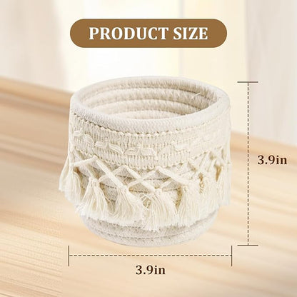 HEAVYWOOD Macrame Makeup Brush Holder Organizer 3.9x3.9 Mini Makeup Containers Boho Small Round Storage Basket Tassels Fringe Decorative Pencil Holder Set of 2 (Cream, 3.9x3.9)