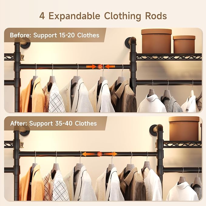 Wall Mounted Garment Rack, Walk-in Closet System with Expandable Rods, Adjustable Shelves, Industrial Pipe Clothing Racks, Hanging Clothes Organizers and Storage, Metal Closet Shelving Wardrobe