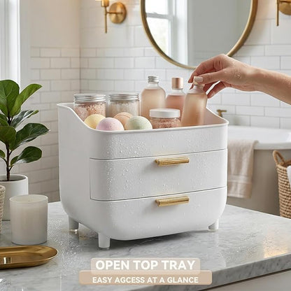 novelinks 3-Tier Skincare Makeup Organizer with Drawers, Large Capacity Vanity Storage Box, Desktop Cosmetic Organizer for Bathroom, Dresser & Vanity Countertop, White