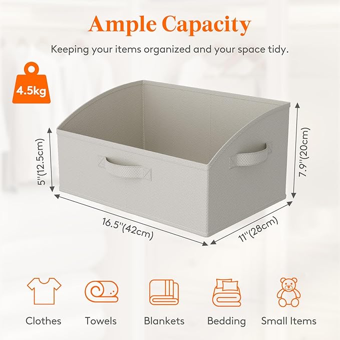 Lifewit Trapezoid Closet Storage Bins for Shelf, 6 Packs Non-woven Closet Organizer Baskets with Handles, Foldable Clothes Containers Boxes for Clothing, Book, Purse, 19L, Large, Light Gray