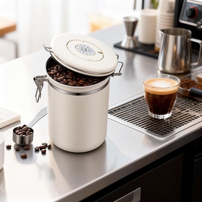 Kirecoo Stainless Steel Coffee Canister - 22OZ Airtight Coffee Bean Storage Grounds Container Holder with Date Tracker & Measuring Scoop, Kitchen Food Canister Jar for Cereal, Sugar, Tea, Flour, Gifts