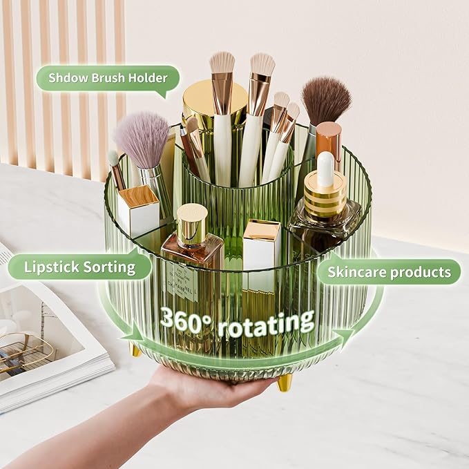 Clear Rotating Makeup Organizer Countertop for Vanity, 360° Makeup Brush Holder Organizer with 5 Compartments, Transparent Cosmetic Storage for Lipstick, Skincare, Bathroom Counter(Transparent Green)