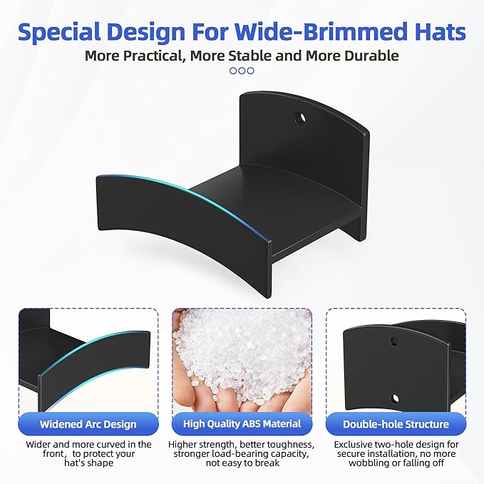 Cowboy Hat Rack(12Pack) - Wide Brimmed Organizer - Strong Adhesive Cowboy Holder - 2.2Inch Hooks for Walls - 2 Mounting Option Holder - Hangers for Doors and Closets - Black