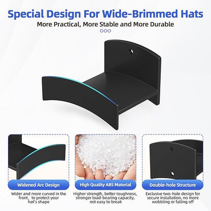 Cowboy Hat Rack(12Pack) - Wide Brimmed Organizer - Strong Adhesive Cowboy Holder - 2.2Inch Hooks for Walls - 2 Mounting Option Holder - Hangers for Doors and Closets - Black