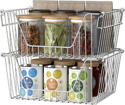 Slideep 14'' Large Stackable Storage Baskets Cabinet Organizer Sturdy Metal Wire Pantry Freezer Bin for Pantry Home Bathroom Kitchen Organization 2 Packs