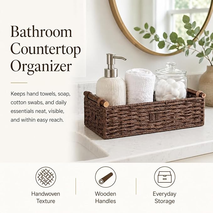 Brown Woven Bathroom Basket with Wood Handles — Toilet Paper Storage Organizer, Back of Toilet Wicker Basket, Dark Brown Boho Bathroom Decor Tray for Tank Top or Shelf