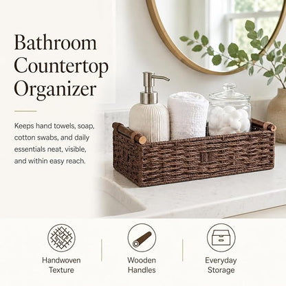 Brown Woven Bathroom Basket with Wood Handles — Toilet Paper Storage Organizer, Back of Toilet Wicker Basket, Dark Brown Boho Bathroom Decor Tray for Tank Top or Shelf