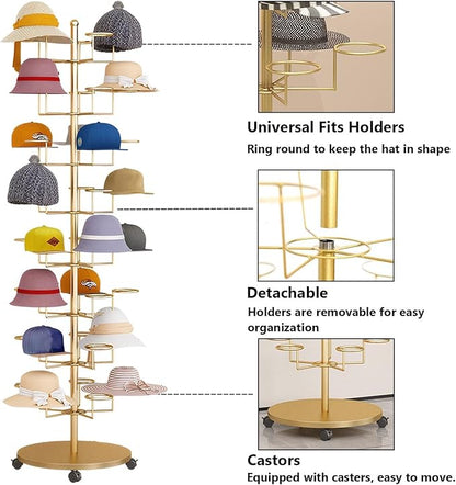 6 Tier Baseball Hat Organizer, Standing Hat Rack Stand, Cowboy Hat with 30 Hooks, Floor Hat Display for Home Store Vendors(Gold,6 Tier)