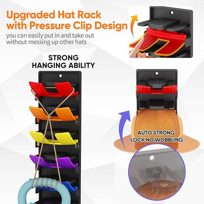 Hat Organizer for Baseball Caps, 2 Pack Wall Mount Hat Rack with Spring Clips, Holds 20 Caps, Black Hat Holder for Closet Door