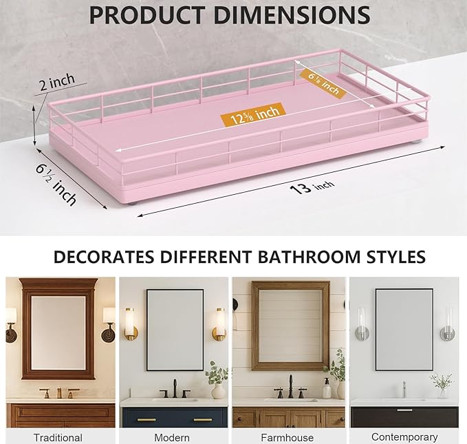Toilet Paper Basket Organizer – Oak Wood Toilet Tank Tray with Metal Frame, Bathroom Counter Top Storage for Toilet Paper, Wipes & Decor, Modern Narrow Back of Tank Shelf Organizer, Pink