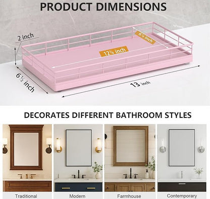 Toilet Paper Basket Organizer – Oak Wood Toilet Tank Tray with Metal Frame, Bathroom Counter Top Storage for Toilet Paper, Wipes & Decor, Modern Narrow Back of Tank Shelf Organizer, Pink
