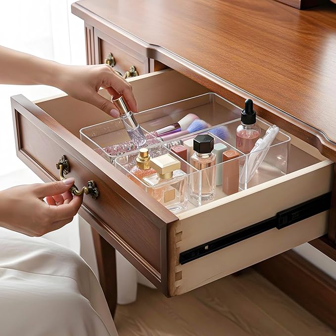 Acrylic Organizer, 2PK Cube Sections Makeup Organizer for Drawer, Makeup Organizer for Vanity, Countertop, Bathroom, Kitchen and Cabinet Storage(1+3 Compartment)