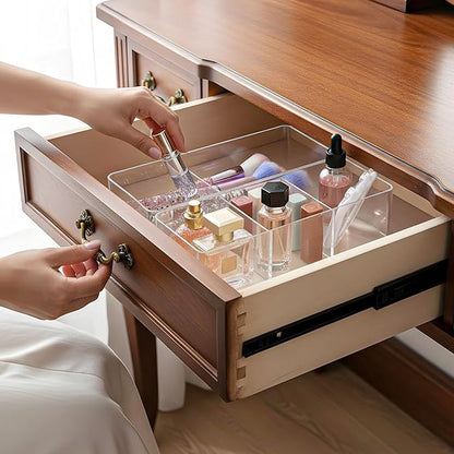 Acrylic Organizer, 2PK Cube Sections Makeup Organizer for Drawer, Makeup Organizer for Vanity, Countertop, Bathroom, Kitchen and Cabinet Storage(1+3 Compartment)