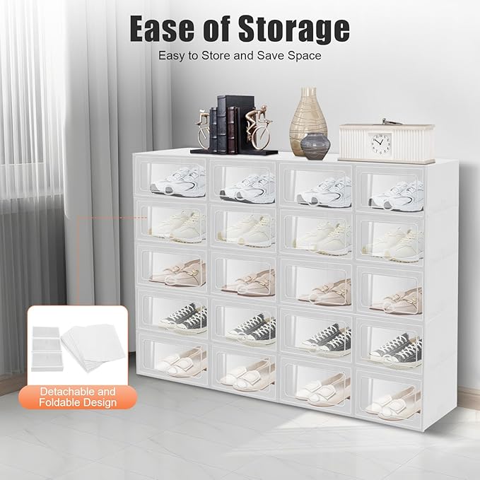 20pcs Stackable Shoe Covers Storage Box, Foldable Plastic Shoe Boxes Drawer Storage Cabinet Organiser Box for Closet Bedroom Bathroom (32.6 * 24 * 14cm)